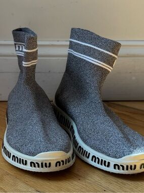 Miu Miu Gray Knit Sock Sneakers with White Stripes